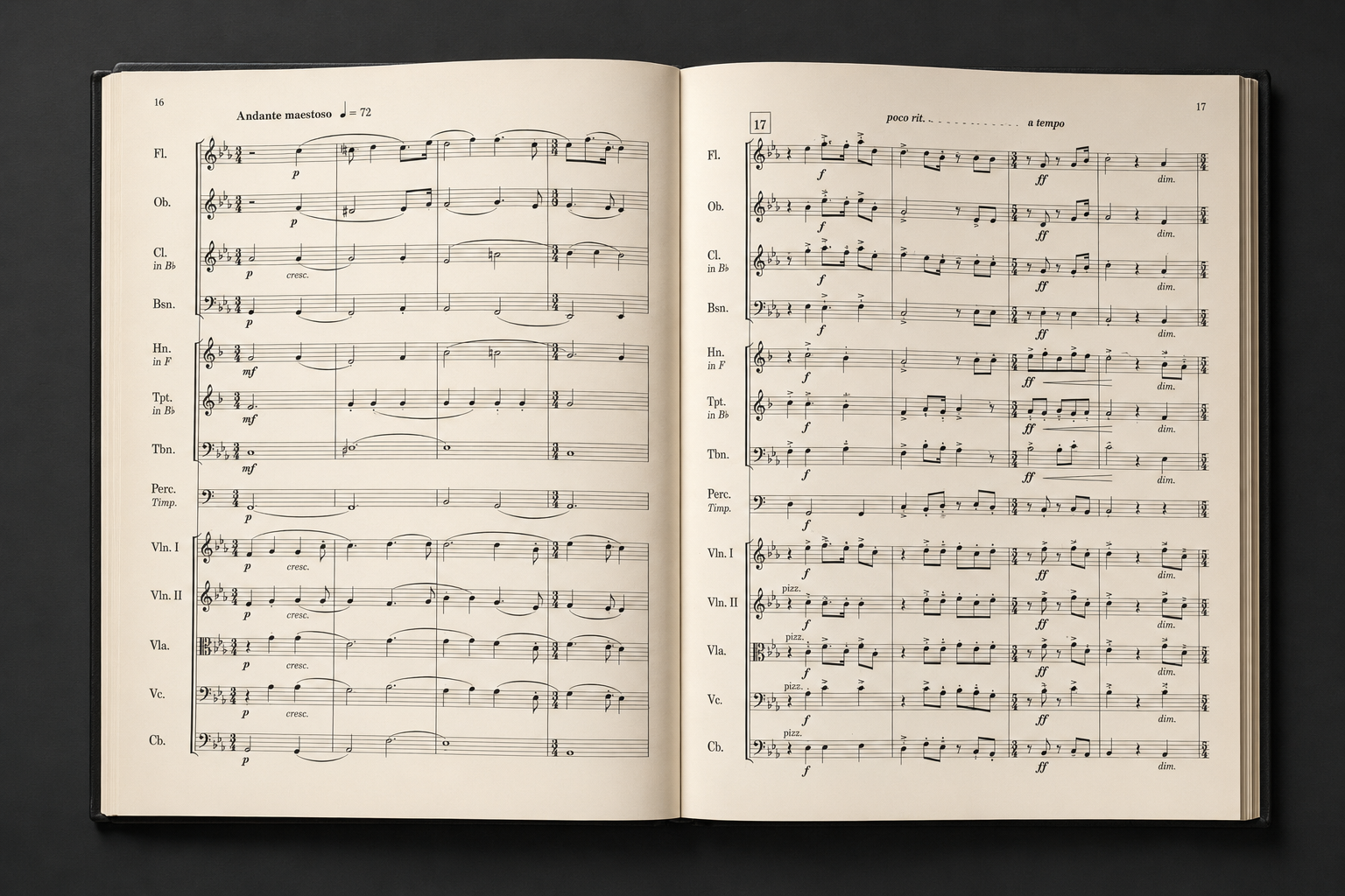 Original orchestral score page with winds, brass, percussion, and strings