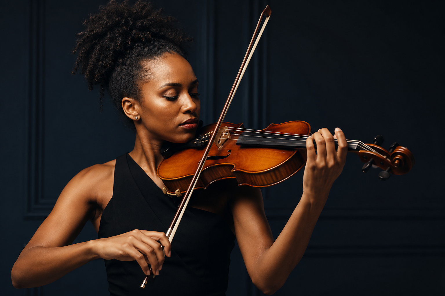 Stylized image of a violinist performing under warm studio light